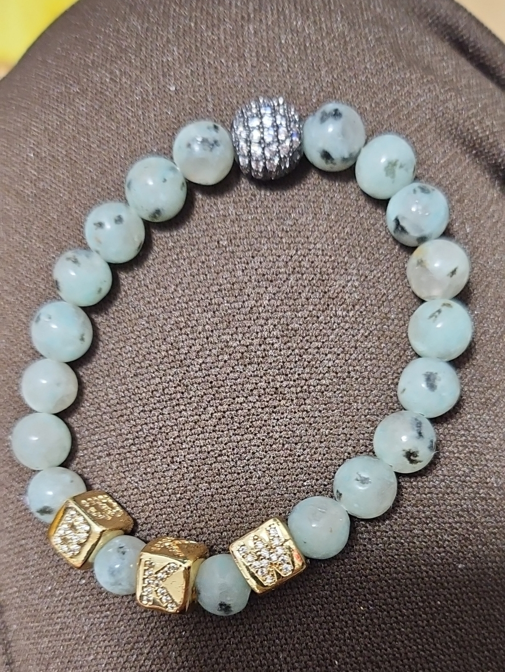 Gold Accent Green Beaded Stretch Bracelet with Pavé Ball.  BKW INITIALS.